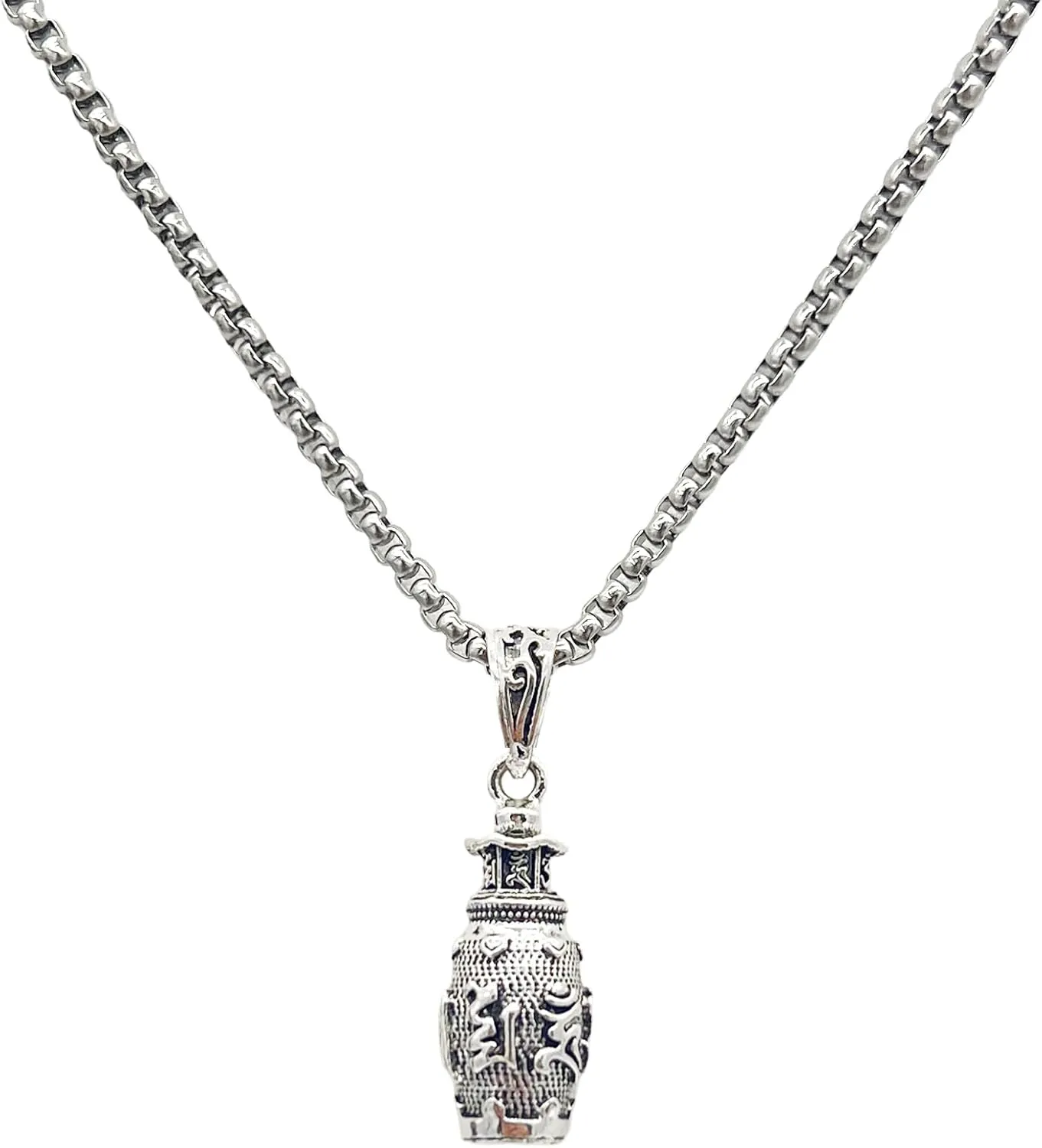Om Mani Padme Hum Totem Column Necklace for Men and Women, Stainless Steel Meditation and Healing, Six-Word Buddhist Pendant Jewelry