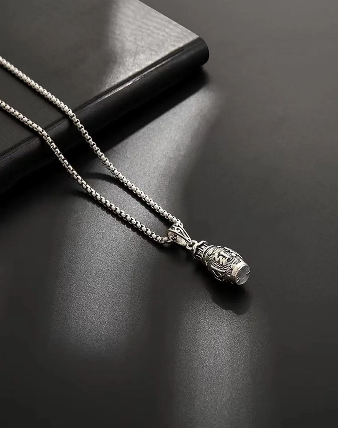 Om Mani Padme Hum Totem Column Necklace for Men and Women, Stainless Steel Meditation and Healing, Six-Word Buddhist Pendant Jewelry