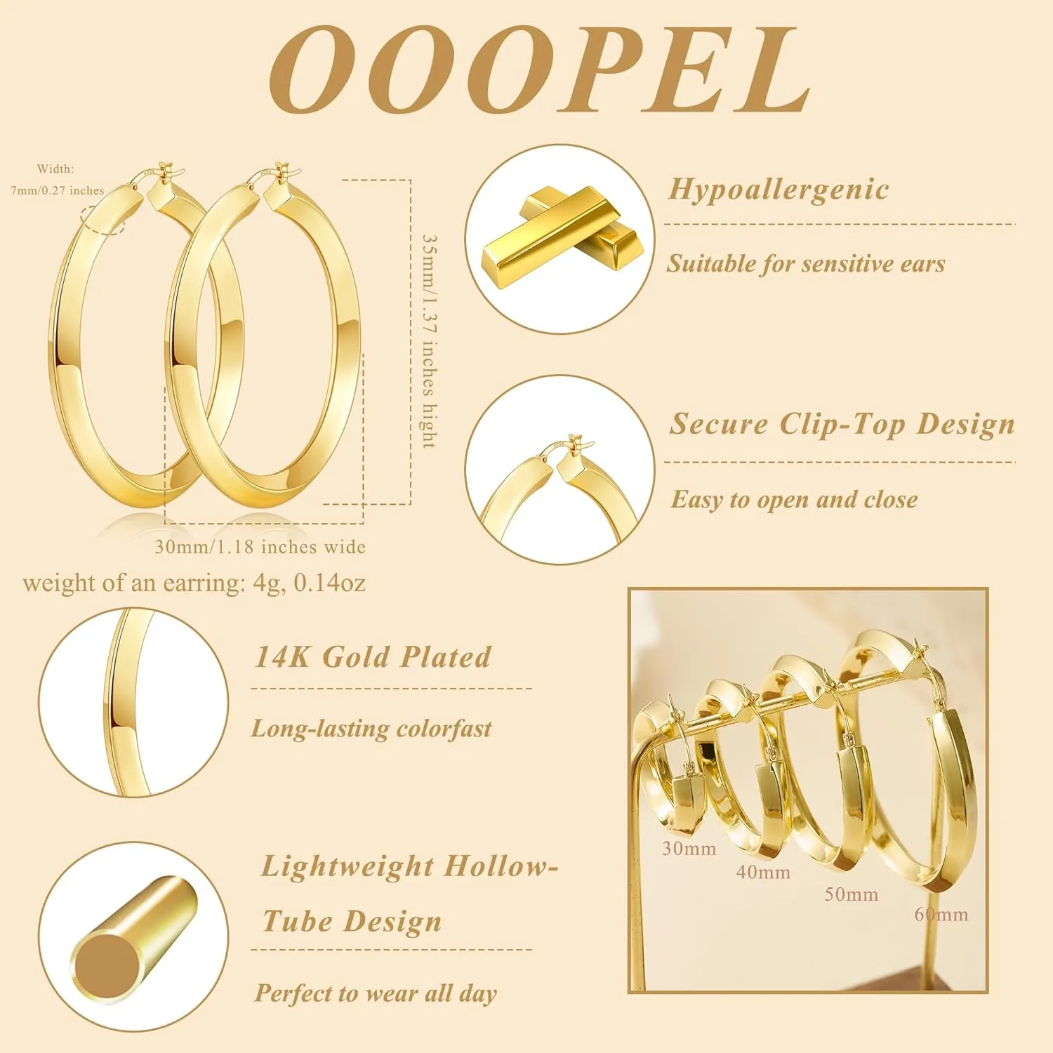 OOOPEL 7mm Thick Gold Chunky Earrings 925 Sterling Silver Hoop Earrings for Women Hollow Tube Hoops Earrings Hypoallergenic Lightweight Large Hoop Earrings Women Jewelry Gifts 30/40/50/60MM