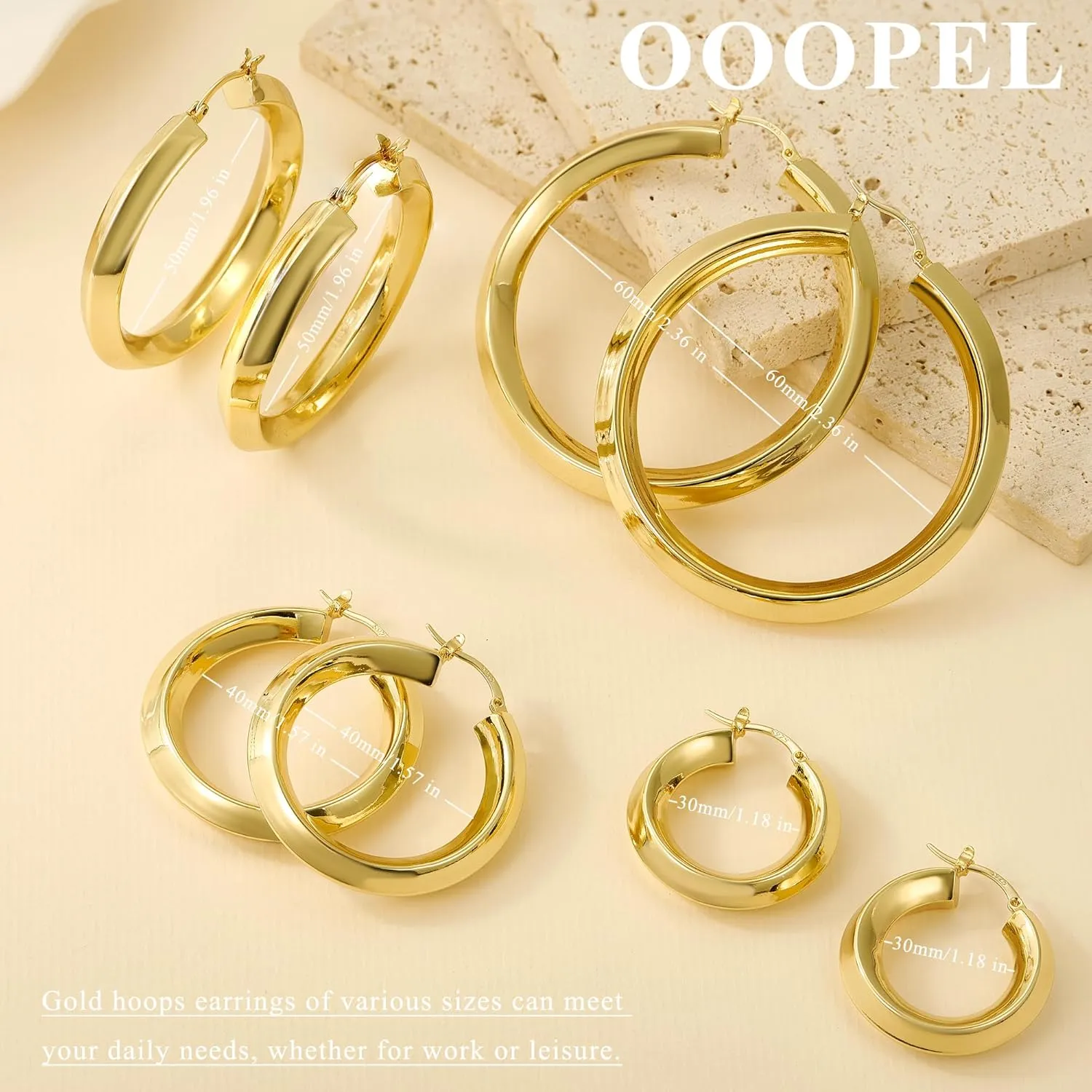 OOOPEL 7mm Thick Gold Chunky Earrings 925 Sterling Silver Hoop Earrings for Women Hollow Tube Hoops Earrings Hypoallergenic Lightweight Large Hoop Earrings Women Jewelry Gifts 30/40/50/60MM