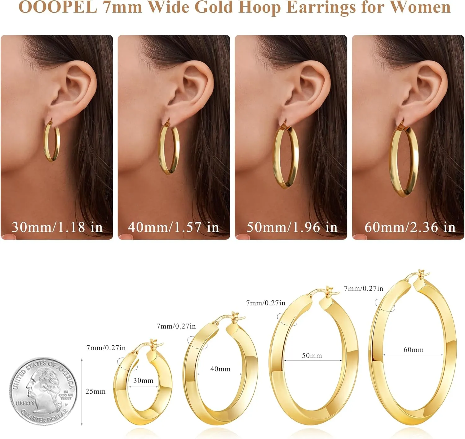 OOOPEL 7mm Thick Gold Chunky Earrings 925 Sterling Silver Hoop Earrings for Women Hollow Tube Hoops Earrings Hypoallergenic Lightweight Large Hoop Earrings Women Jewelry Gifts 30/40/50/60MM