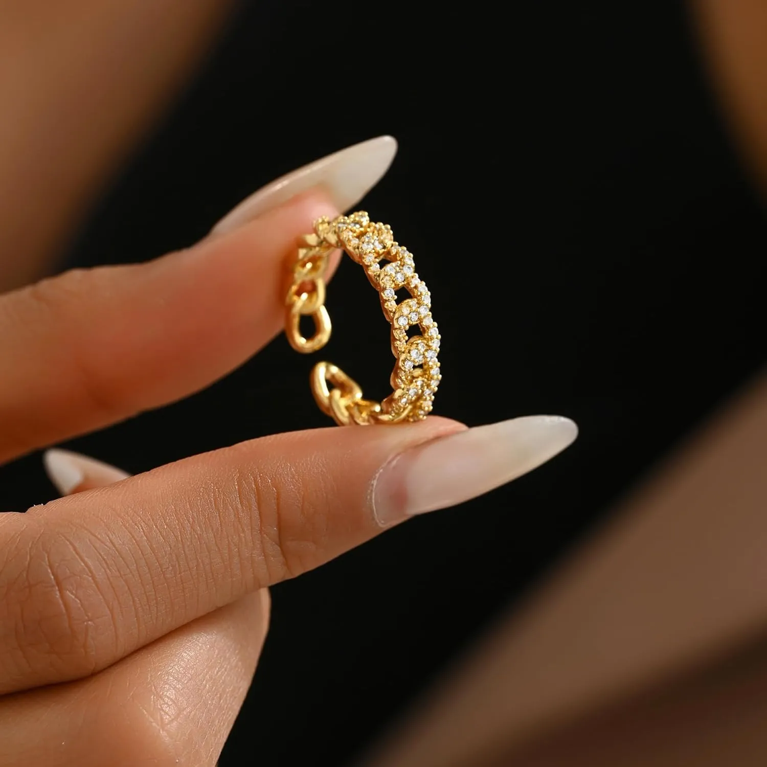 Open Stackable Rings for Women 18K Gold Plated Dainty Cubic Zirconia Wave Cuban Link Chain Flower Feather Hollow Out Adjustable Stacking Rings Wedding Jewelry Gifts