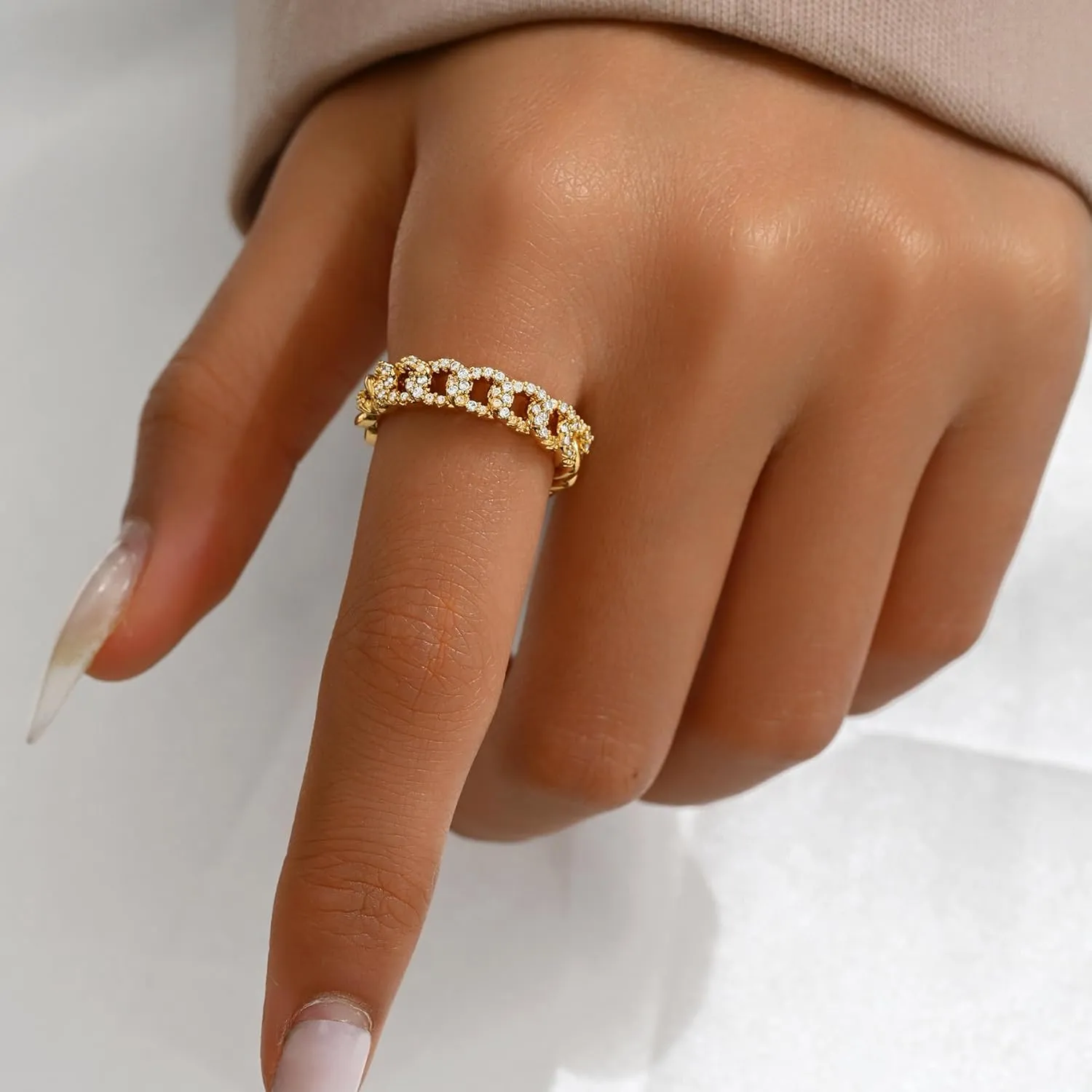 Open Stackable Rings for Women 18K Gold Plated Dainty Cubic Zirconia Wave Cuban Link Chain Flower Feather Hollow Out Adjustable Stacking Rings Wedding Jewelry Gifts