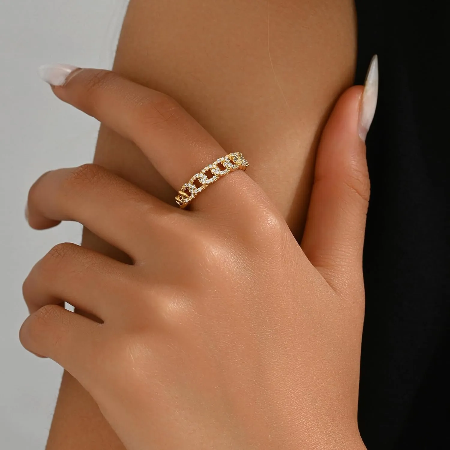 Open Stackable Rings for Women 18K Gold Plated Dainty Cubic Zirconia Wave Cuban Link Chain Flower Feather Hollow Out Adjustable Stacking Rings Wedding Jewelry Gifts