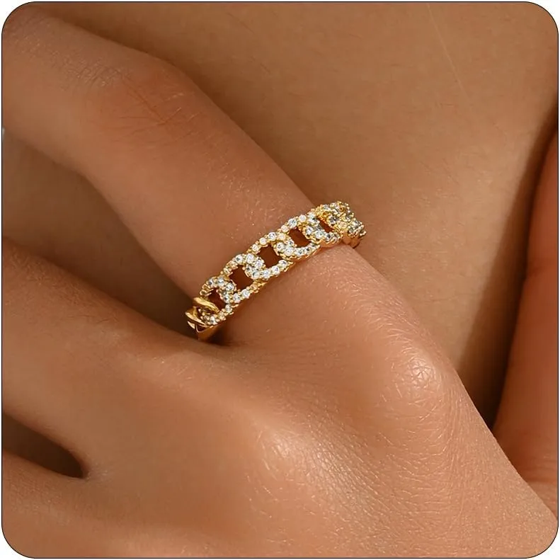 Open Stackable Rings for Women 18K Gold Plated Dainty Cubic Zirconia Wave Cuban Link Chain Flower Feather Hollow Out Adjustable Stacking Rings Wedding Jewelry Gifts