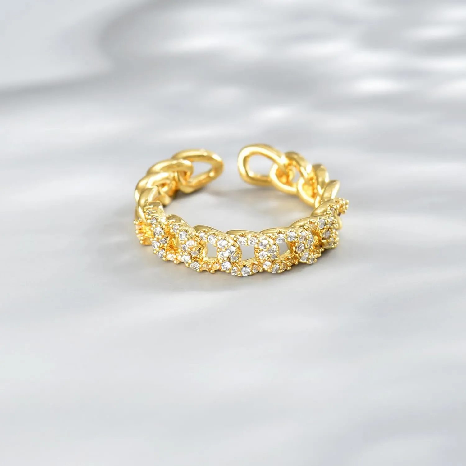 Open Stackable Rings for Women 18K Gold Plated Dainty Cubic Zirconia Wave Cuban Link Chain Flower Feather Hollow Out Adjustable Stacking Rings Wedding Jewelry Gifts