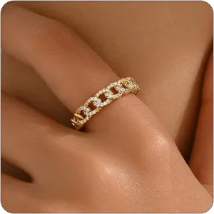 Open Stackable Rings for Women 18K Gold Plated Dainty Cubic Zirconia Wave Cuban Link Chain Flower Feather Hollow Out Adjustable Stacking Rings Wedding Jewelry Gifts
