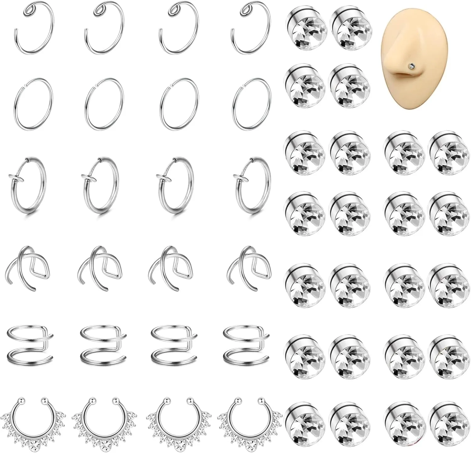 ORAZIO Fake Nose Ring - Stainless Steel Fake Nose Rings for Women Small Faux Septum Nose Ring Stud CZ Lip Ring Stud Nose Cuff Cartilage Earring Small Non Piercing Nose Ring Faux Piercing Jewelry