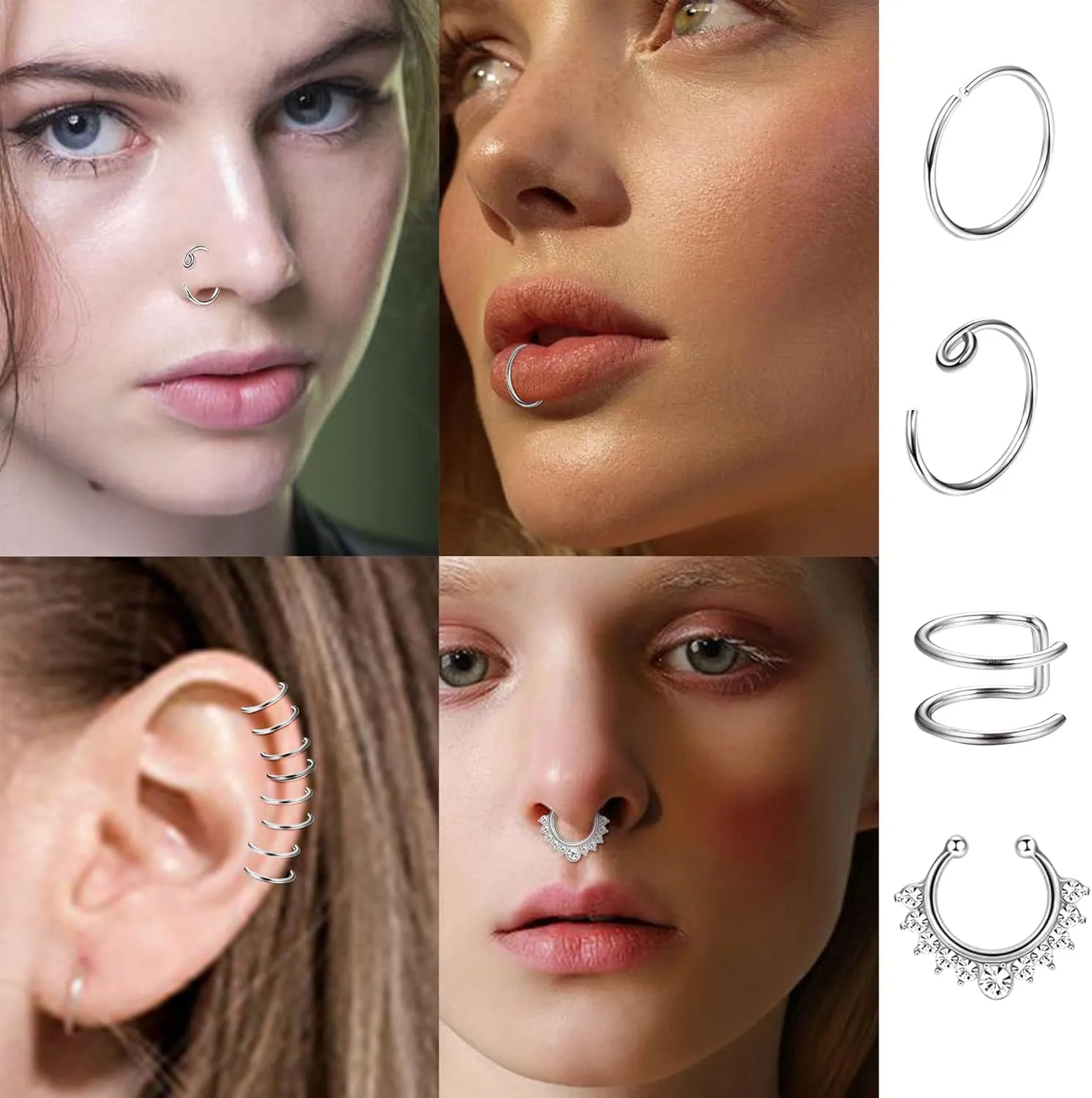 ORAZIO Fake Nose Ring - Stainless Steel Fake Nose Rings for Women Small Faux Septum Nose Ring Stud CZ Lip Ring Stud Nose Cuff Cartilage Earring Small Non Piercing Nose Ring Faux Piercing Jewelry
