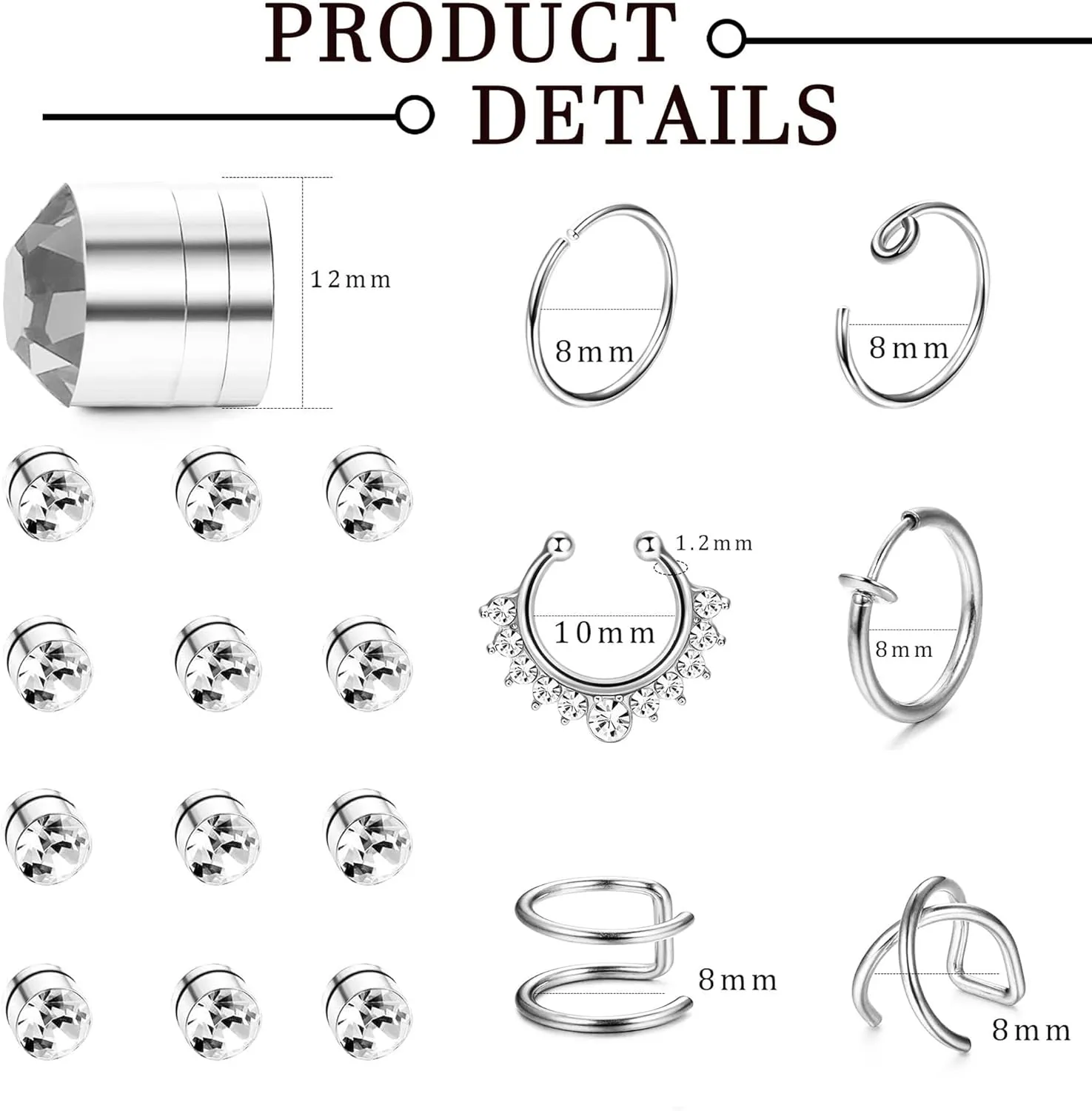 ORAZIO Fake Nose Ring - Stainless Steel Fake Nose Rings for Women Small Faux Septum Nose Ring Stud CZ Lip Ring Stud Nose Cuff Cartilage Earring Small Non Piercing Nose Ring Faux Piercing Jewelry