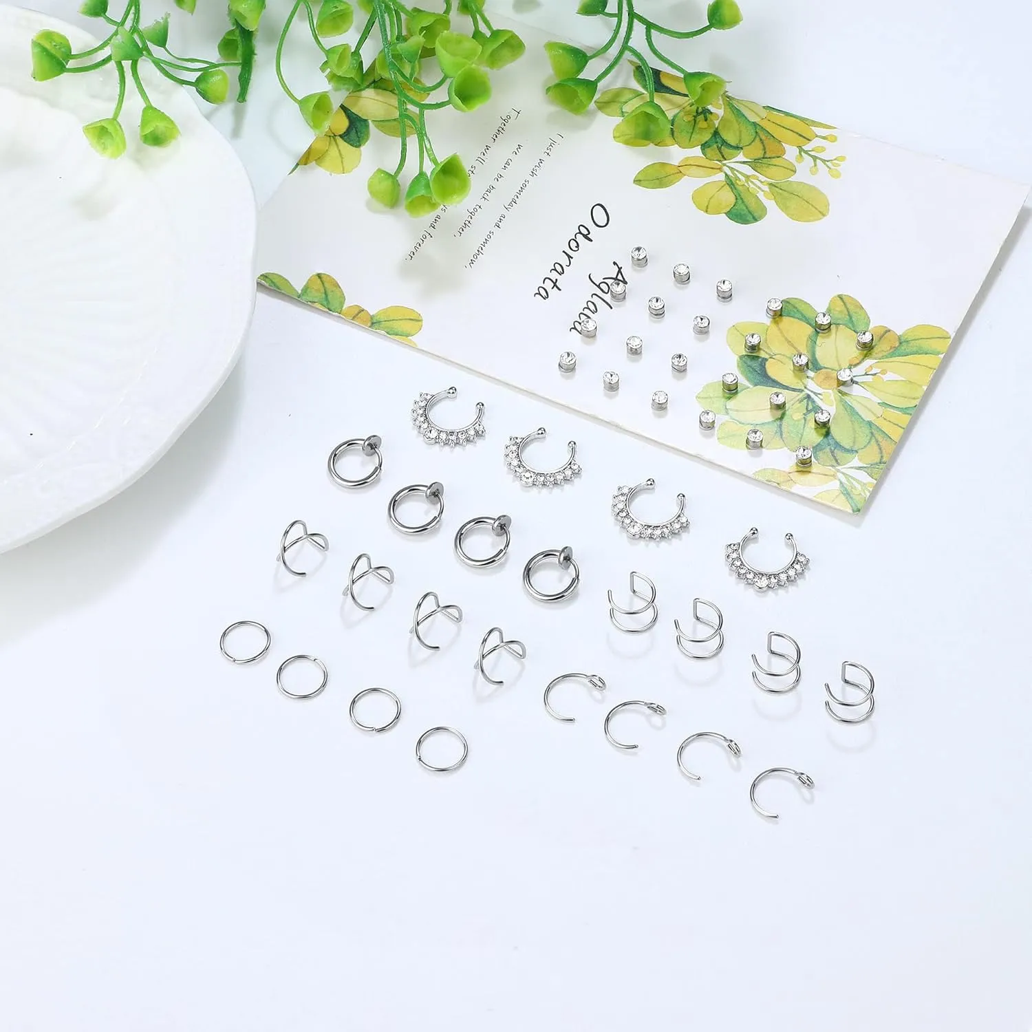 ORAZIO Fake Nose Ring - Stainless Steel Fake Nose Rings for Women Small Faux Septum Nose Ring Stud CZ Lip Ring Stud Nose Cuff Cartilage Earring Small Non Piercing Nose Ring Faux Piercing Jewelry