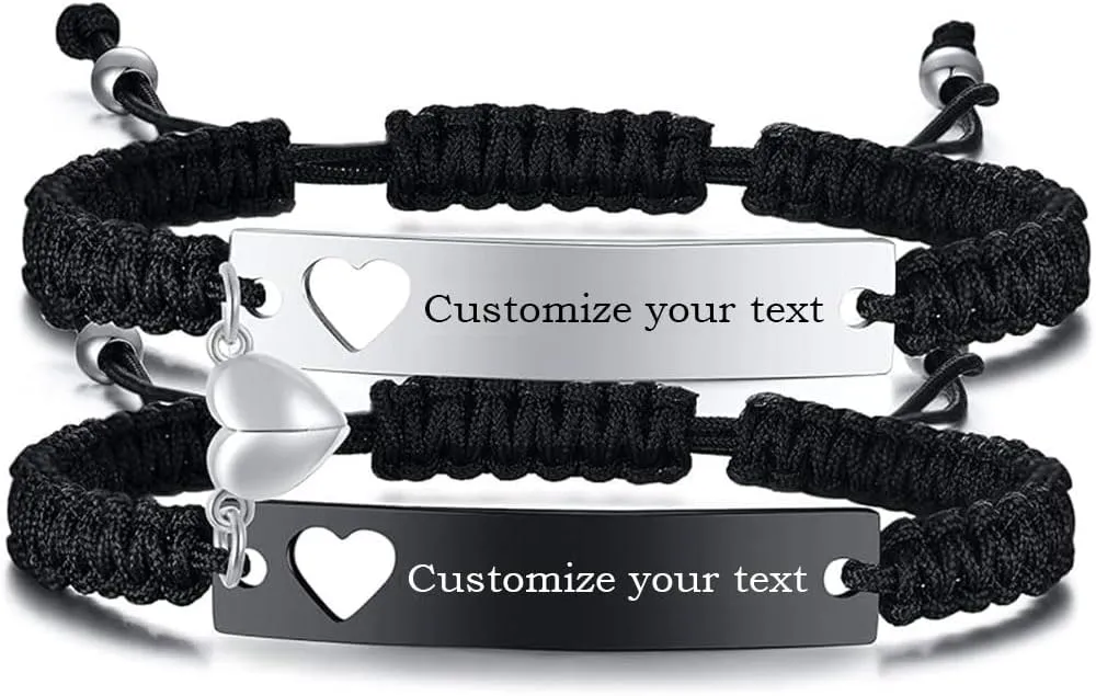 Personalized ID Couple Bracelet Custom Engraved Hand-woven Rope Bracelet with Hollow Heart Pattern for Men and Women Friendship, Adjustable, Custom Bracelet Gift