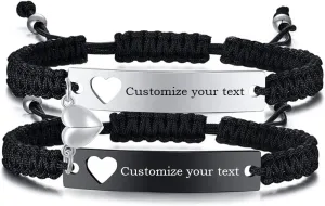 Personalized ID Couple Bracelet Custom Engraved Hand-woven Rope Bracelet with Hollow Heart Pattern for Men and Women Friendship, Adjustable, Custom Bracelet Gift