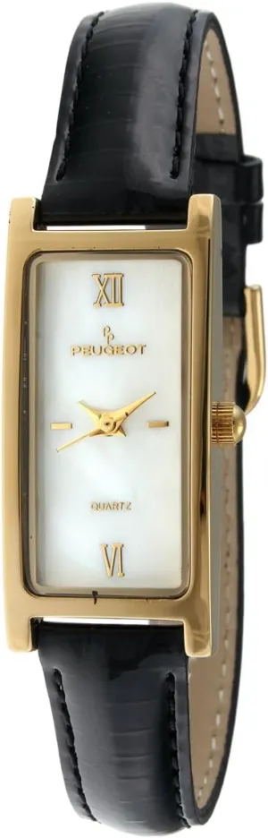 Peugeot Women's Slim 14K Gold Plated White Mother of Pearl Dial Black Leather Thin Strap Dress Watch 3017BK