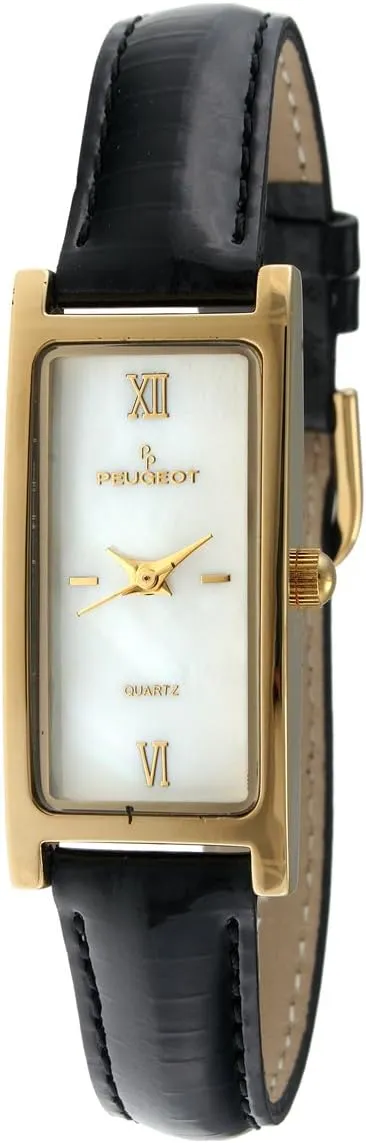 Peugeot Women's Slim 14K Gold Plated White Mother of Pearl Dial Black Leather Thin Strap Dress Watch 3017BK