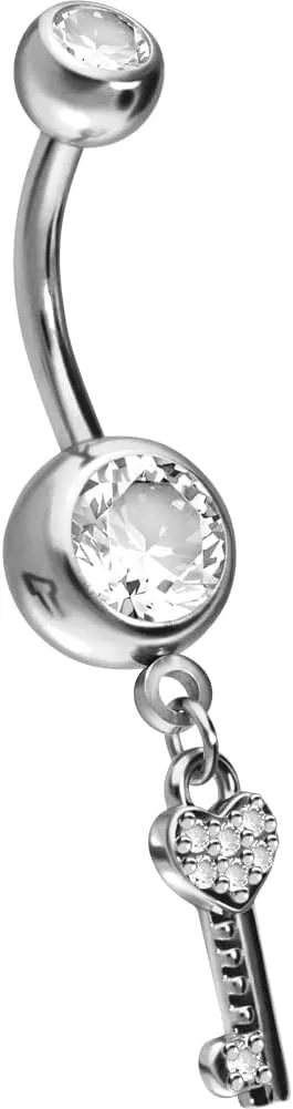 PIERCINGLINE 316L Surgical steel belly button ring dangle with brass design KEY Navel Ring Belly Piercing 14G