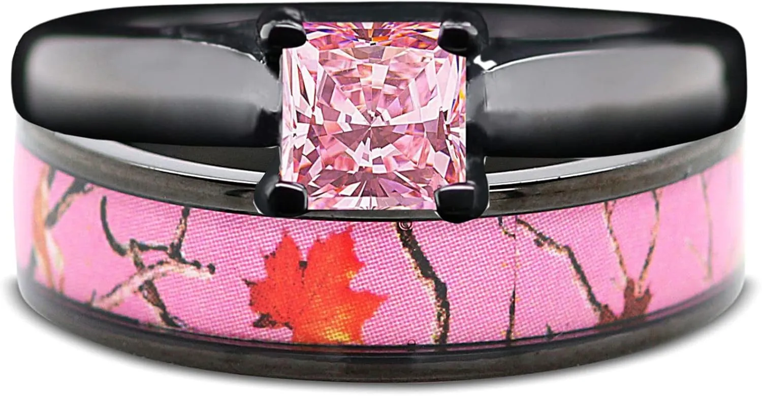 Pink Womens Black Camo Wedding Rings Set Stainless Steel Engagement Rings