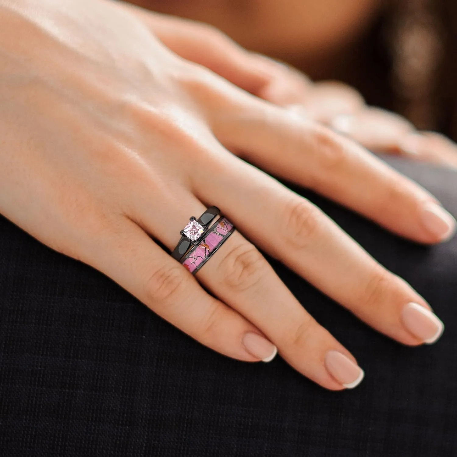 Pink Womens Black Camo Wedding Rings Set Stainless Steel Engagement Rings