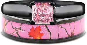 Pink Womens Black Camo Wedding Rings Set Stainless Steel Engagement Rings