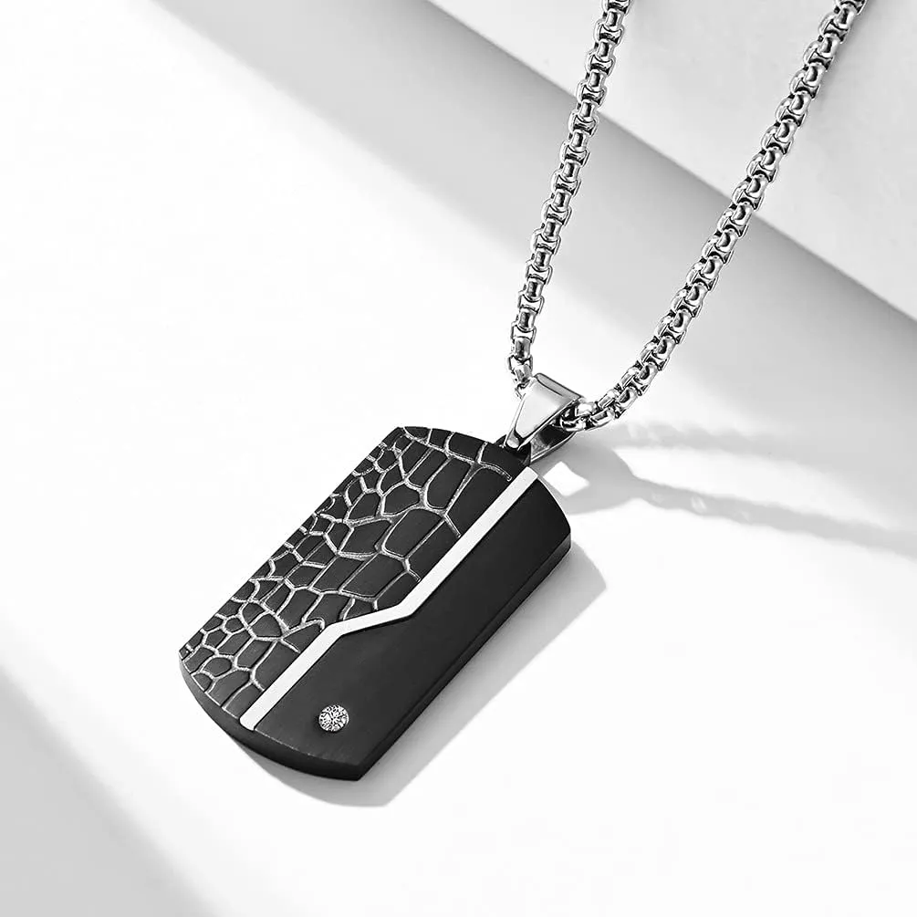 putouzip Men Black Dog Tag Necklace,316L Stainless Steel Cuban Link Chain Iced Out Pendant Necklace