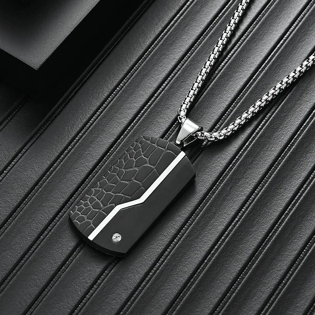 putouzip Men Black Dog Tag Necklace,316L Stainless Steel Cuban Link Chain Iced Out Pendant Necklace