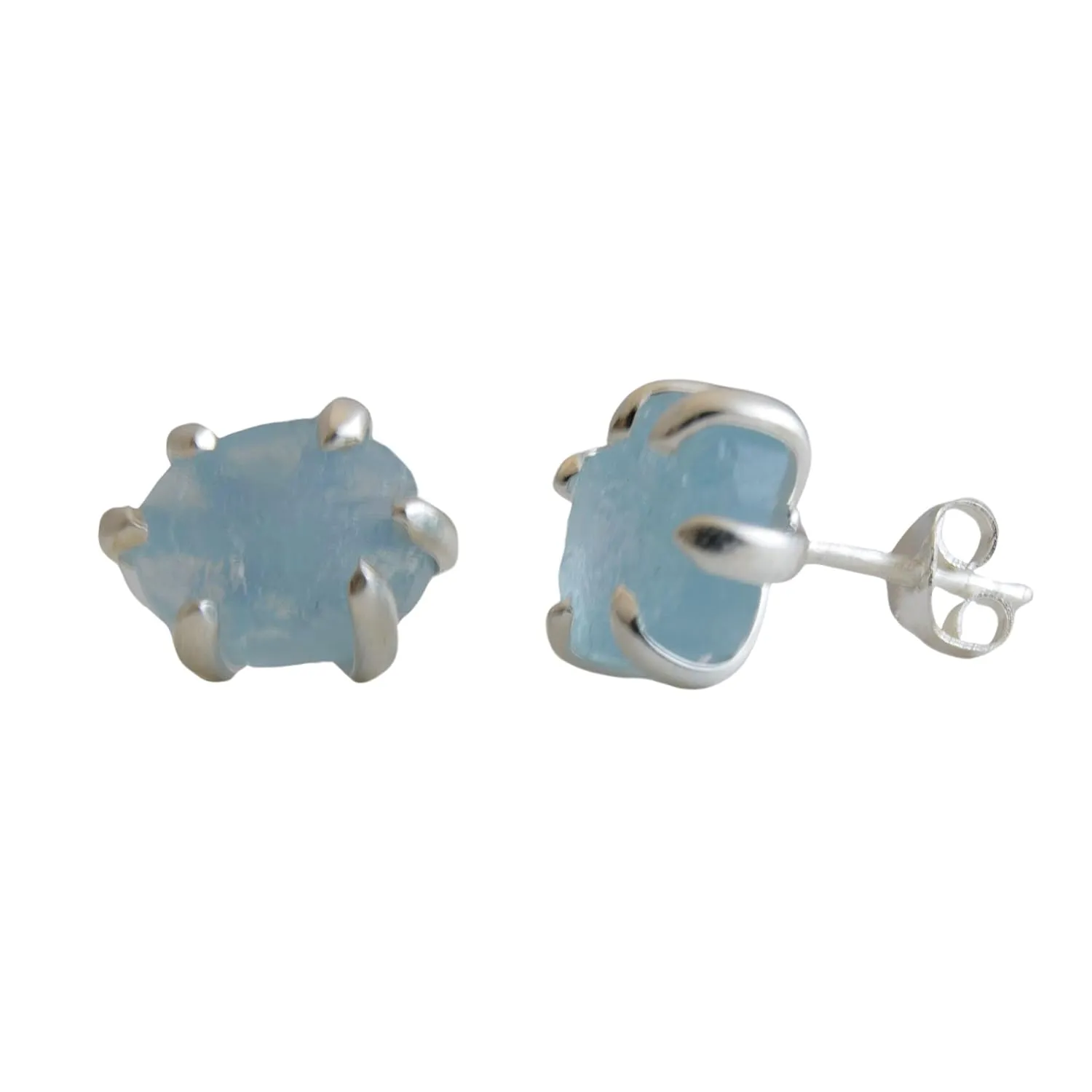 Raw Aquamarine 6-8mm Sterling Silver Stud Earrings for Women - Hypoallergenic Handmade Blue Gemstone Gem Birthstone Jewelry - Birthday Gift Ideas for Women -Valentine's Day Gift (sterling-silver)