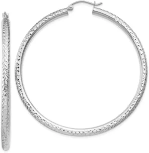 Real 10k White Gold Diamond-cut 3mm Round Hoop Earrings - 50mm x 3mm