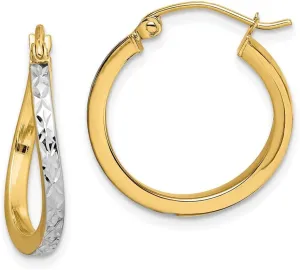 Real 10k Yellow Gold Two Toned Diamond-Cut Textured and Wavy Hoop Earrings 20mm