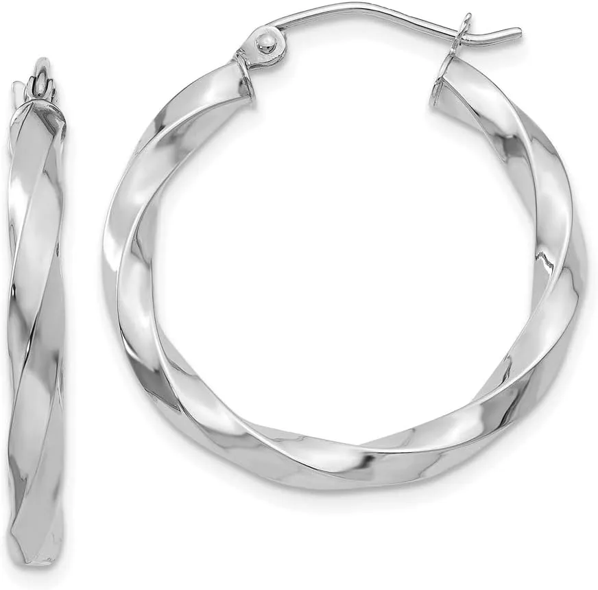 Real 14k White Gold 3mm Twisted Hoop Earrings - 21mm x 3mm