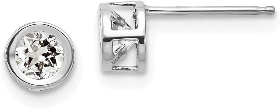 Real 14k White Gold 4mm Bezel April/White Topaz Post Studs Earrings 4mm