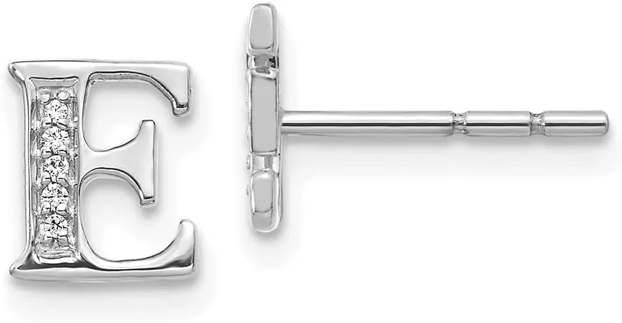 Real 14k White Gold Diamond Initial Letter E Button Post Studs Earrings 8mm (.03 cttw.)