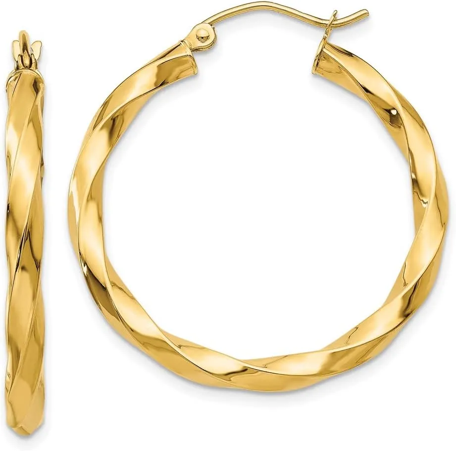Real 14k Yellow Gold 3mm Twisted Hoop Earrings - 30mm x 3mm