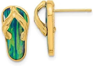 Real 14k Yellow Gold Created Blue Opal Flip Flop Post Studs Earrings - 16mm x 8mm