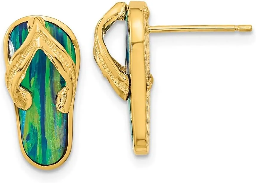 Real 14k Yellow Gold Created Blue Opal Flip Flop Post Studs Earrings - 16mm x 8mm