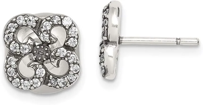 Real 925 Sterling Silver Vintage Antiqued CZ Cubic Zirconia Flower Front and Back Post Studs Earrings 9mm