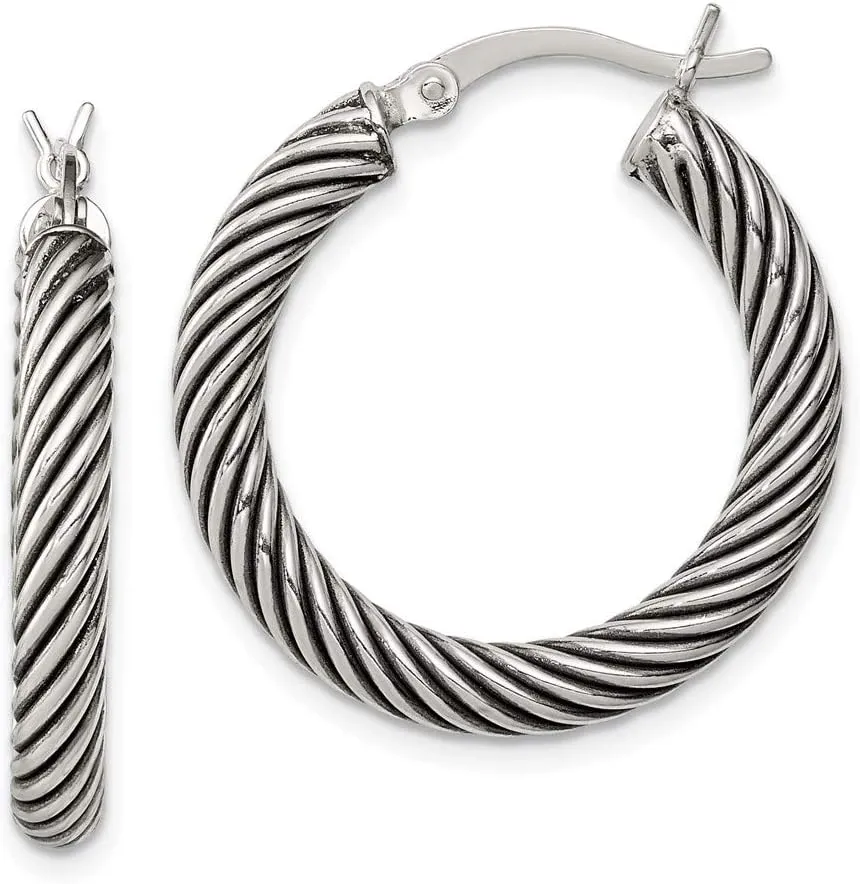 Real 925 Sterling Silver Vintage Antiqued Open Twist Hoop Earrings - 21mm x 4mm