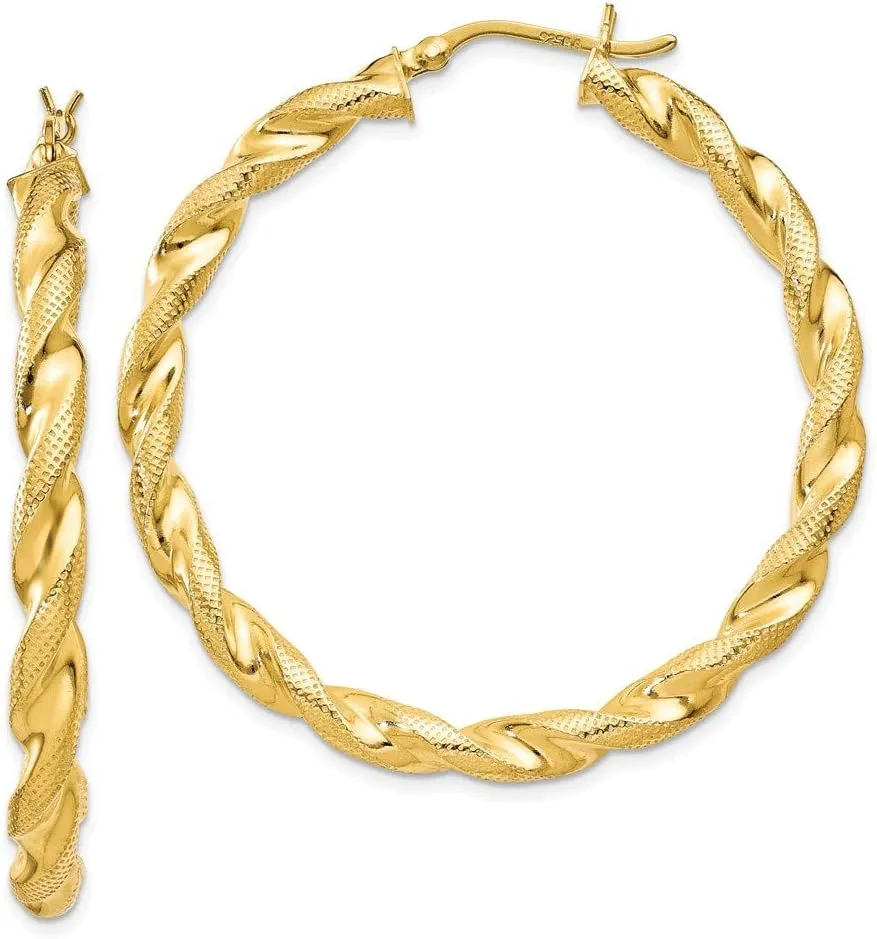 Real 925 Sterling Silver Yellow Gold-flashed Patterned Twist 45mm Hoop Earrings - 39mm x 5mm