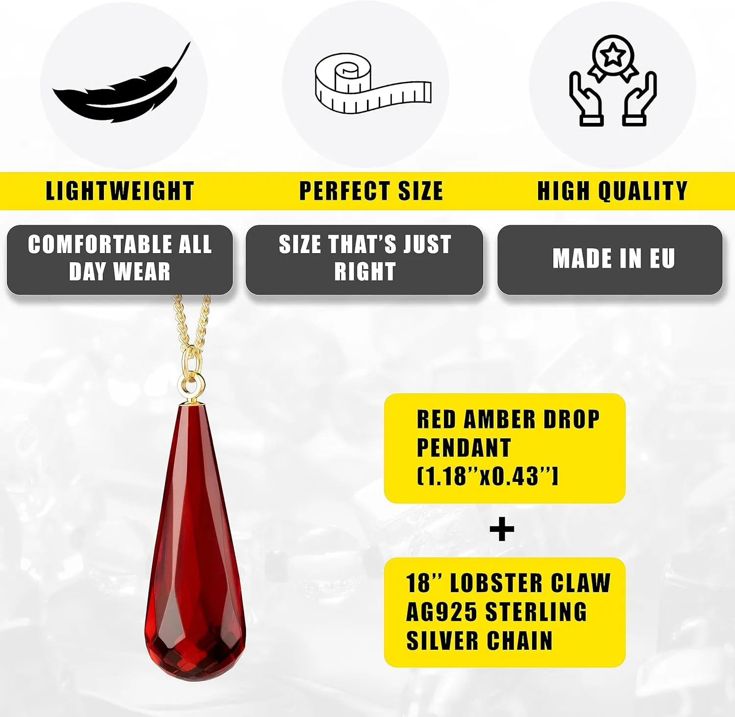 Red Amber Pendant Necklace for Women, Gold Plated Sterling Silver 925 Chain, Polished Gemstone Pendant, Dainty Womens Jewelry, 18 inch gold plated chain