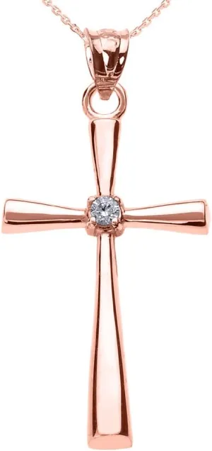 Religious Jewelry 14K Rose Gold Solitaire Diamond Accented Cross Pendant Necklace (K-M Color, Promo Clarity) - Choice of Length