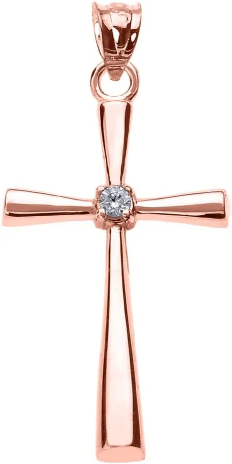 Religious Jewelry 14K Rose Gold Solitaire Diamond Accented Cross Pendant Necklace (K-M Color, Promo Clarity) - Choice of Length