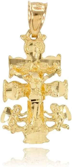 Religious Jewelry 14k Yellow Gold Caravaca Double Cross with Angels Crucifix Pendant