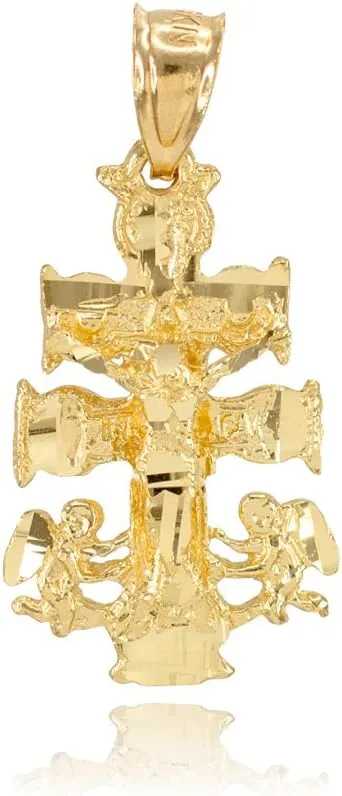 Religious Jewelry 14k Yellow Gold Caravaca Double Cross with Angels Crucifix Pendant