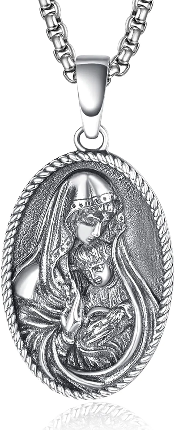 Religious Necklace 925 Sterling Silver Virgin Mary and Jesus Necklace Medal Pendant Protection Amulet Jewelry for Men Women with 46   5cm Box Chain