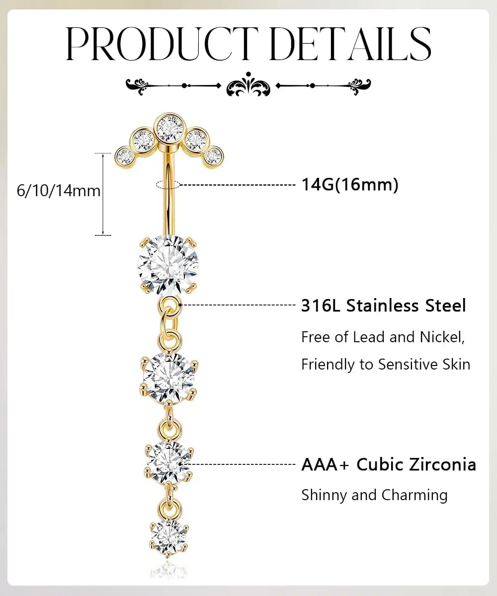 REVOLIA 5Pcs 14G Surgical Steel Dangle Belly Button Ring for Women Dangle Navel Ring Curved Belly Rings CZ Butterfly Barbell Body Piercing Jewelry