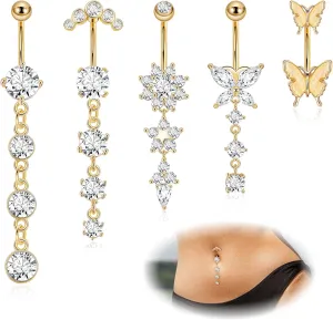 REVOLIA 5Pcs 14G Surgical Steel Dangle Belly Button Ring for Women Dangle Navel Ring Curved Belly Rings CZ Butterfly Barbell Body Piercing Jewelry