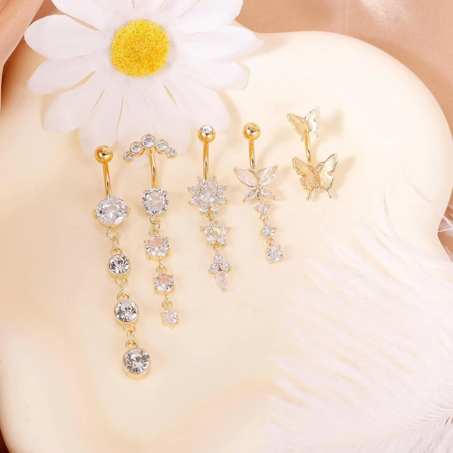 REVOLIA 5Pcs 14G Surgical Steel Dangle Belly Button Ring for Women Dangle Navel Ring Curved Belly Rings CZ Butterfly Barbell Body Piercing Jewelry