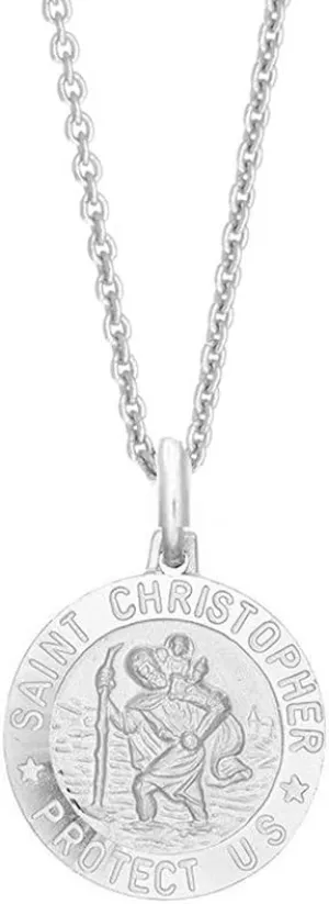 Ritastephens Saint Christopher necklace sterling silver 925 round medal 12MM(0.33 inches) and 16 inches cable chain.