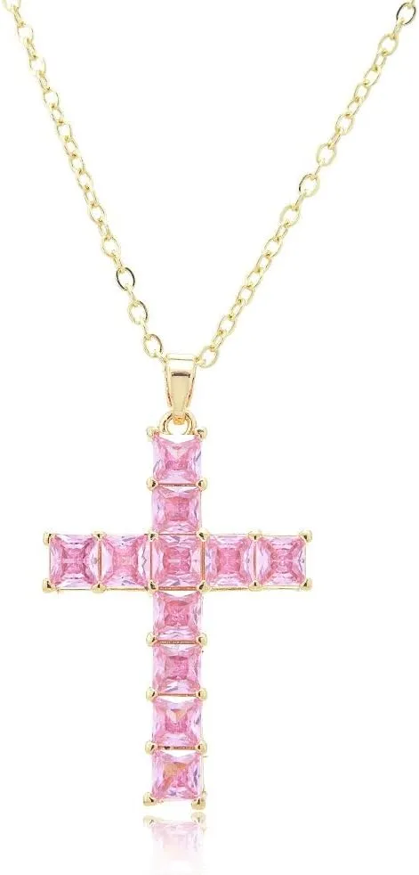 RIZILIA 18K Yellow Gold Plated Women's Cross Necklace, Princess Cut CZ [Simulated Pink Sapphire] Cross Pendant Necklace for Women, Trendy Jewelry Gift for Women