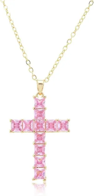 RIZILIA 18K Yellow Gold Plated Women's Cross Necklace, Princess Cut CZ [Simulated Pink Sapphire] Cross Pendant Necklace for Women, Trendy Jewelry Gift for Women