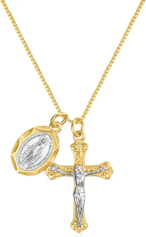 Rnivida 925 Sterling Silver Crucifix Cross and Miraculous Medal Pendant Necklace for Women